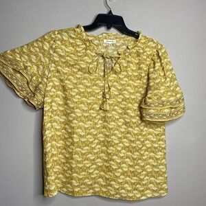 Max Studio Mustard Yellow Floral Women's Blouse Flare Sleeve Ruffle Neck Size L